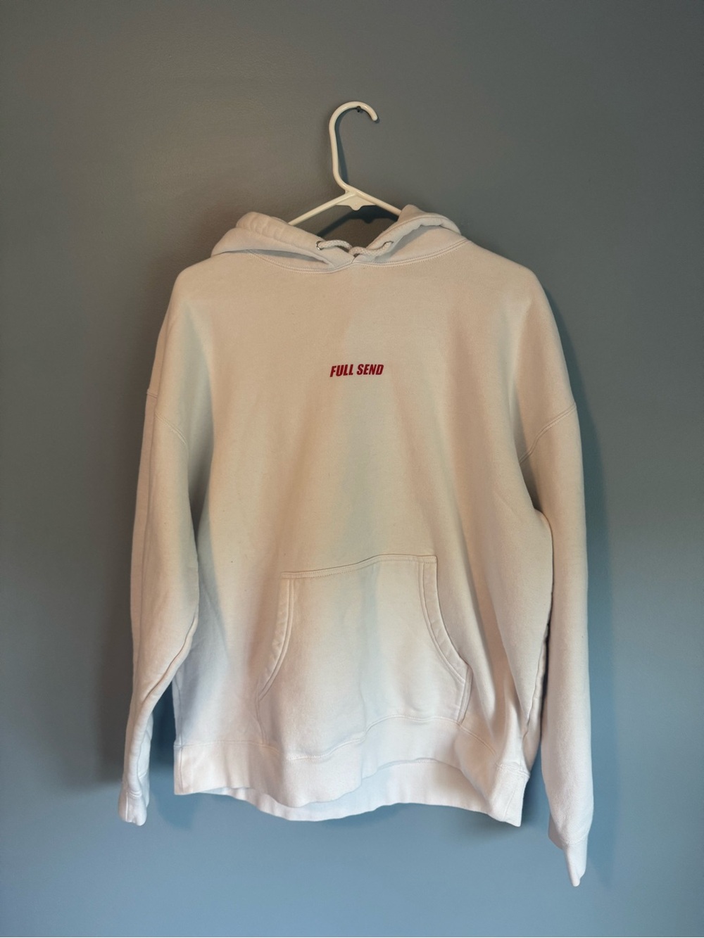 Full Send Men's White Hoodie with Red Logo